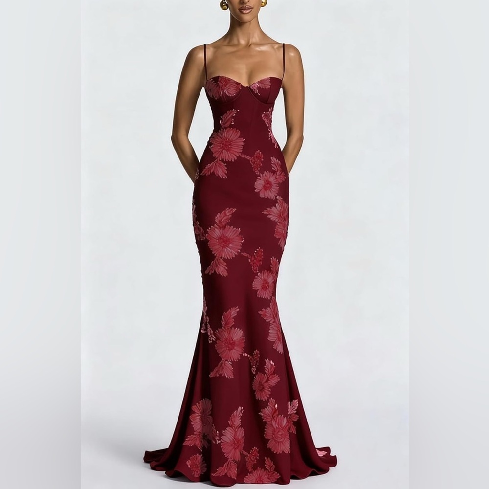Fitted Floral Embroidery Spaghetti Strap Gown with Open Lace-Up Back - Size 8